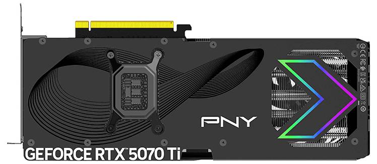 PNY marke GeForce RTX 5070 Ti grafička kartica s tamnim dizajnom i šarenim LED akcentima koji ističu njen elegantan izgled.
