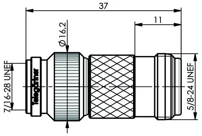 Tehnički crtež cilindričnog konektora/priključka kabela s naboranom srednjom sekcijom, prikazujući dimenzije 37, 11, promjer 16,2, i veličine navoja 7/16-28 UNEF i 5/8-24 UNEF.