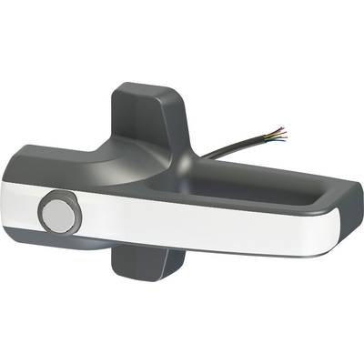 Siva i bijela kvaka na vratima sa ugrađenim gumbom i vidljivim obojanim žicama, vjerojatno za elektronsku integraciju.