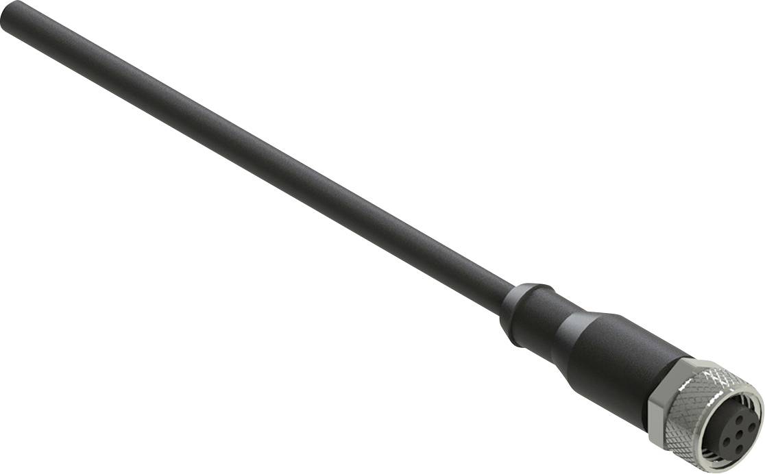 Crni kabel s kružnim multi-pin konektorom, koji se često koristi u elektroničkim uređajima, prikazan na obojenom bijelom pozadinom.
