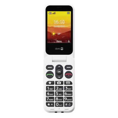 Bijeli preklopni telefon s ekranom na kojem se prikazuje '16:10', '15/09/2024' i 'Meni'. Veliki gumbi uključuju poziv, završetak i kontrole za navigaciju.