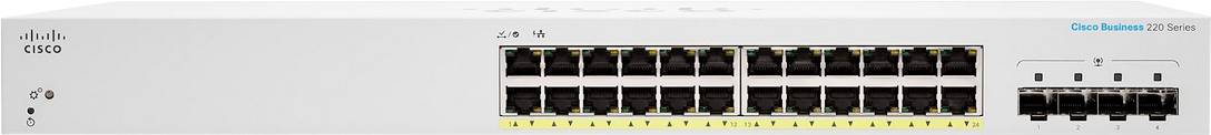 'Cisco Business 350 Series' mrežni switch s 24 Ethernet priključka i 4 SFP uzvodno veza prikazan u frontalnom prikazu.