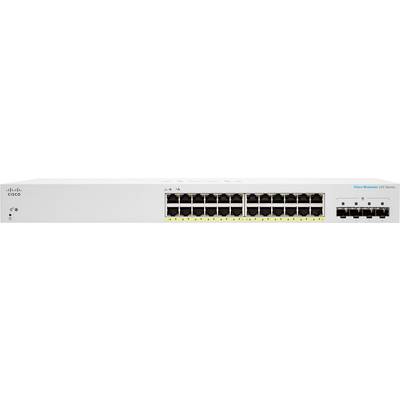 'Cisco Business 350 Series' mrežni switch s 24 Ethernet priključka i 4 SFP uzvodno veza prikazan u frontalnom prikazu.