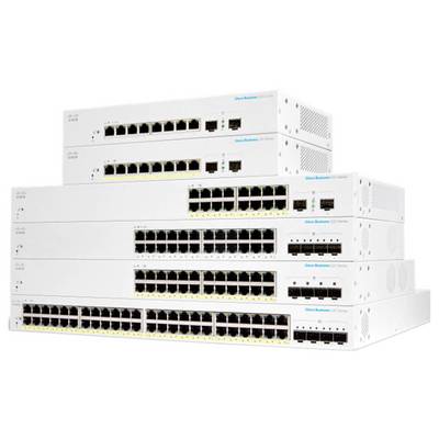 Snop bijelog mrežnih uređaja za prebacivanje s više Ethernet priključaka i oznakom 'Cisco Business Series', što ilustrira opremu za povezivanje.