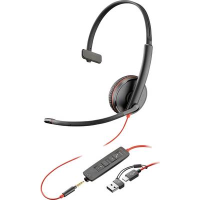 Crne i crvene žičane slušalice s bum mikrofonom. Uključuju USB i 3,5 mm priključni kabel s kontrolama za glasnoću i isključivanje zvuka na kabelu.