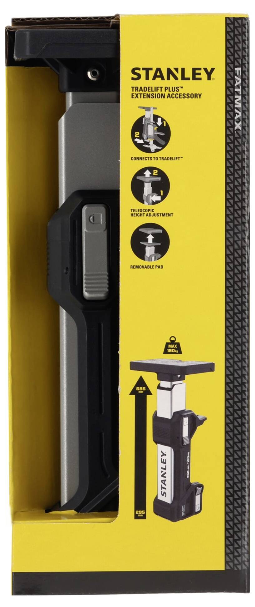 'Stanley Fatmax Tradelist Plus Extension Accessory' packaging prikazuje alat s ilustracijama korištenja. Dizajn u jarko žutoj i crnoj boji.