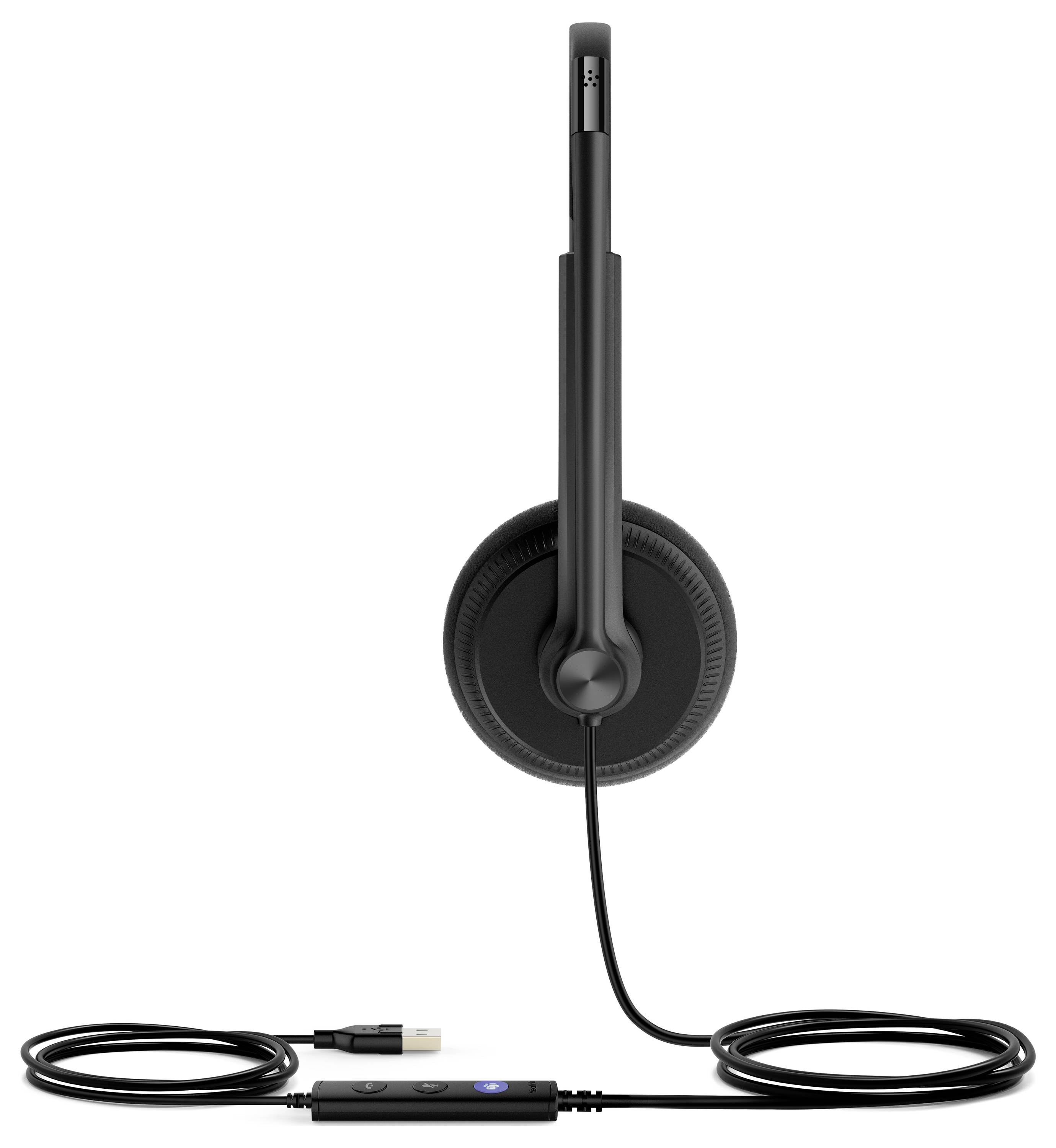 Crne bežične slušalice preko uha sa podesivim mikrofonom i USB konektorom, s kontrolama na kabelu.