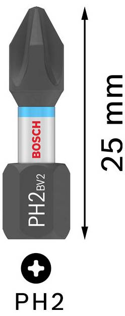 Bosch Phillips odvijač, model PH2, dužine 25 mm, prikazan s dijagramom Phillips glavice vijka ispod.