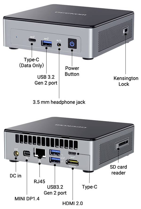 Anotirana mini PC s prikazom prednjeg i stražnjeg portova: Type-C podatkovni priključak, USB 3.2 Gen 2, 3,5 mm audio utičnica, gumb za napajanje, Kensington zaključavka, DC ulaz, RJ45, mini DP 1.4, HDMI 2.0, čitač SD kartica.