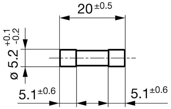 Tehnički crtež cilindrističnog predmeta. Duljina: 20±0,5 mm, promjer: 5,2±0,1 mm, sa dva dijela svaki dugačak 5,1±0,6 mm.