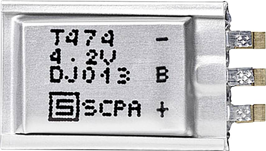 'Mala srebrna baterija označena sa specifikacijama: T474, 4.2V, DJ013, sa terminalima označenim B, -, +, i logotipom SCPA.'
