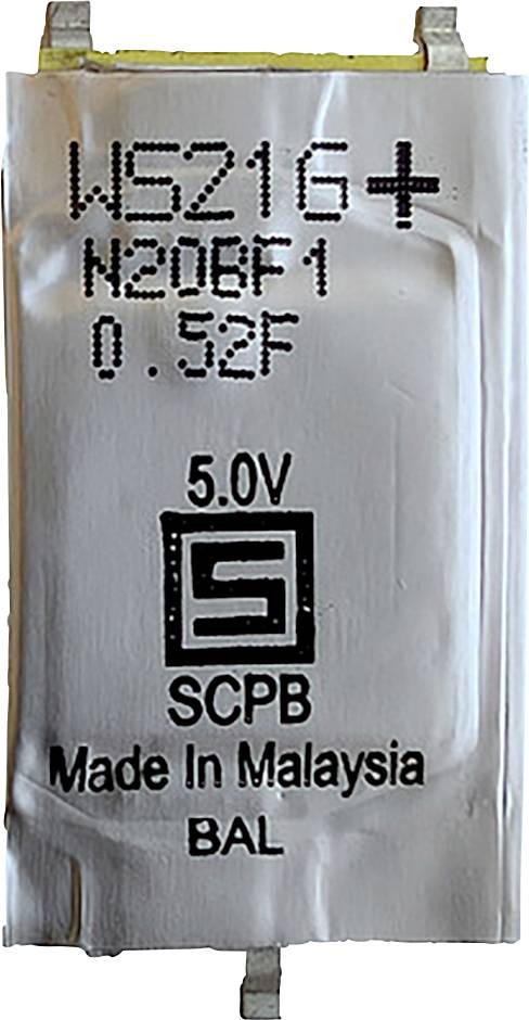 Prikazan je mali, srebrni kondenzator s upisima koji uključuju 'WS216+', 'N20BF1', '0.92F', '5.0V', 'SCPB' i 'Made in Malaysia BAL'.