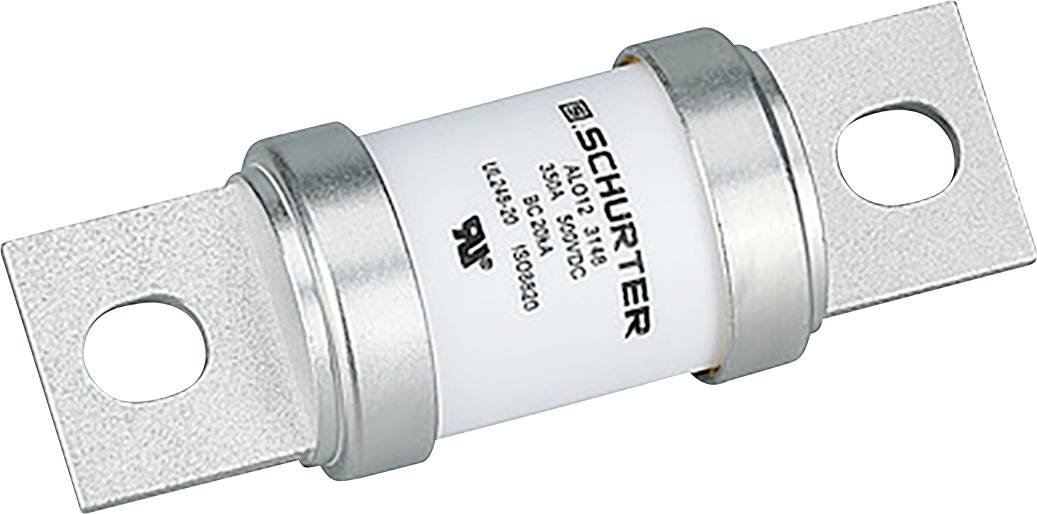 Cilindrični električni osigurač s metalnim poklopcima na krajevima i montažnim otvorima. Naljepnica glasi "SCHURTER" i "500V/AC".