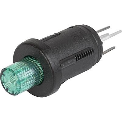 Crna cilindrična električna komponenta s tri metalne igle, sa tekstuiranom zelenom kapom sa strane.