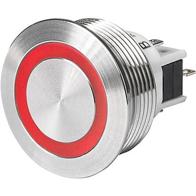 Metalni pritisni gumb sa crvenim LED prstenom, korišten u elektroničkim uređajima za kontrolu napajanja ili signalizaciju.
