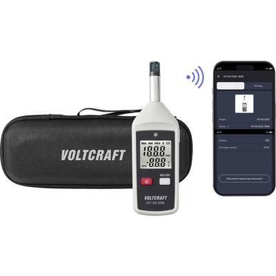 VOLTCRAFT HY-50 DOK metar razine zvuka s torbom za nošenje i aplikacijom za pametni telefon koja prikazuje podatke povezane uređaje.