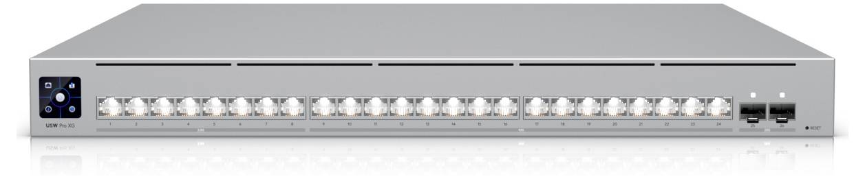 Elegantni mrežni prekidač s 16 Ethernet priključaka i dva SFP priključka na prednjoj strani, korišten za spajanje više uređaja u mrežu.