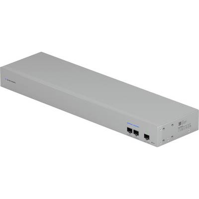 Sivi mrežni uređaj s dva Ethernet porta i indikatorskim svjetlima, korišten za povezivanje i usmjeravanje u mrežnoj infrastrukturi.