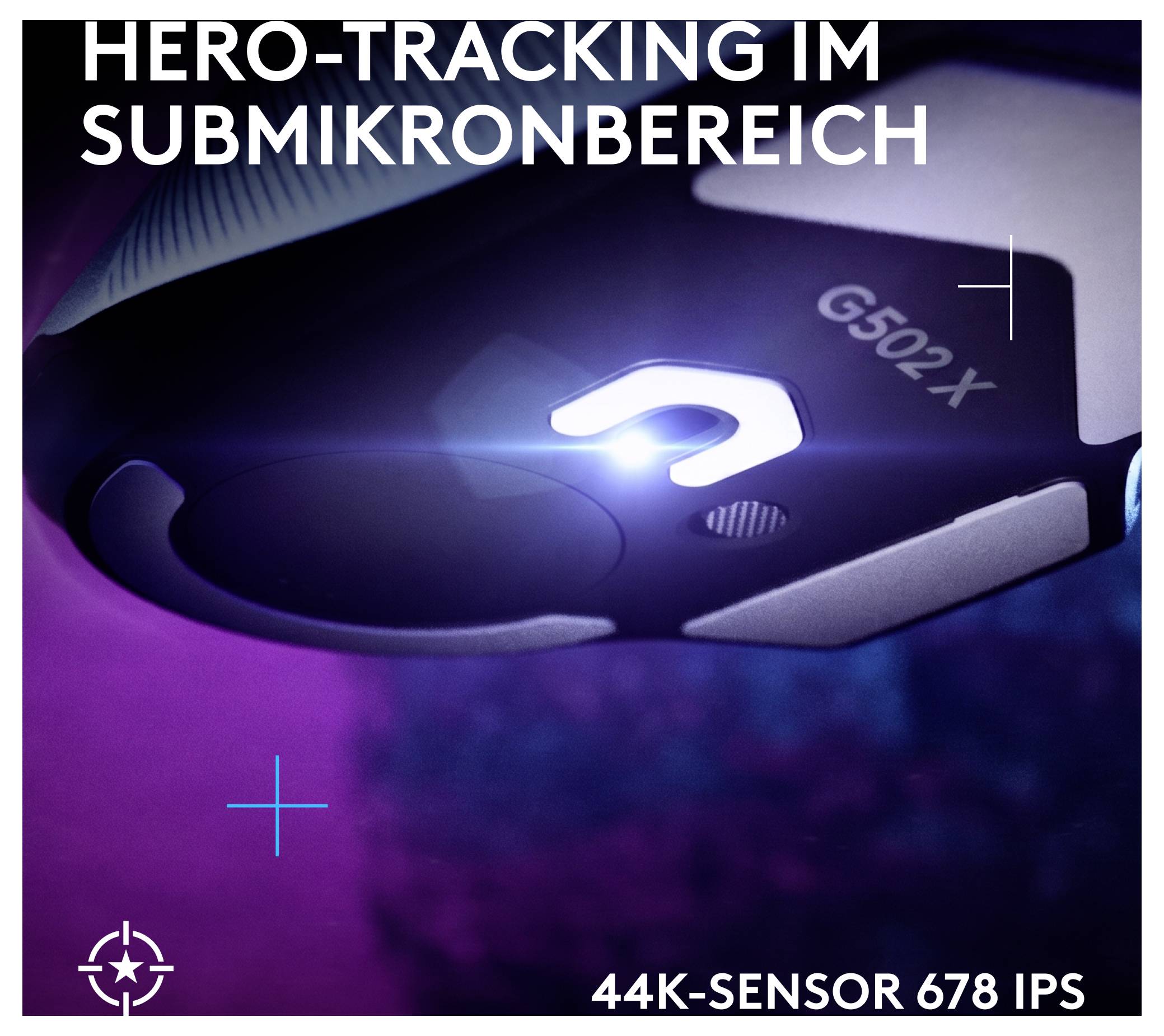 Reklamna slika Logitech-G502X miša sa tekstom "HERO-PRAĆENJE U SUBMIKRONSKOM RASPONU" i "SENZOR OD 44K 678 IPS"; sjajući senzor u fokusu.