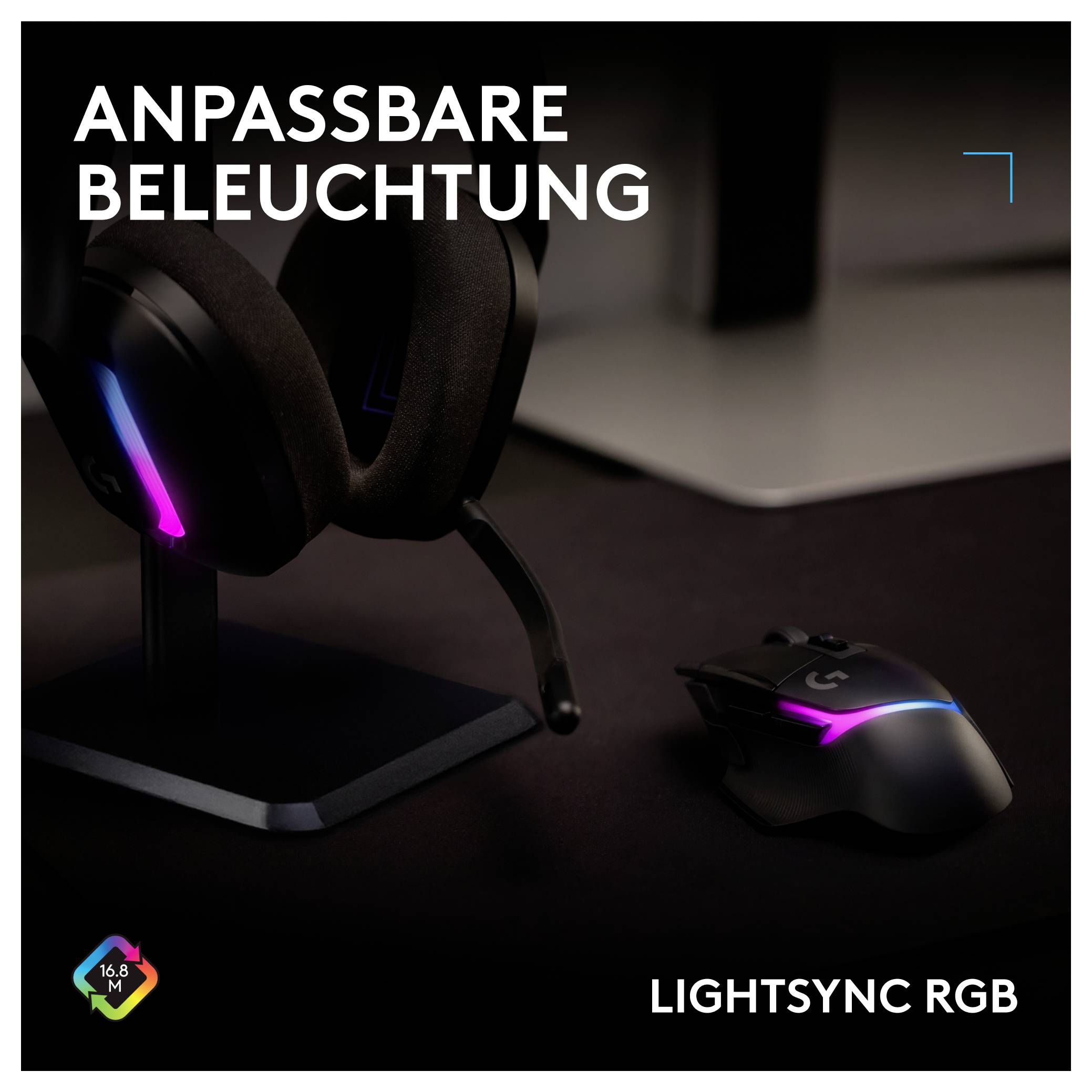 Gaming-slušalice i miš s prilagodljivim RGB osvjetljenjem; Tekst: 'PRILAGODLJIVO OSVJETLJENJE' i 'LIGHTSYNC RGB'.