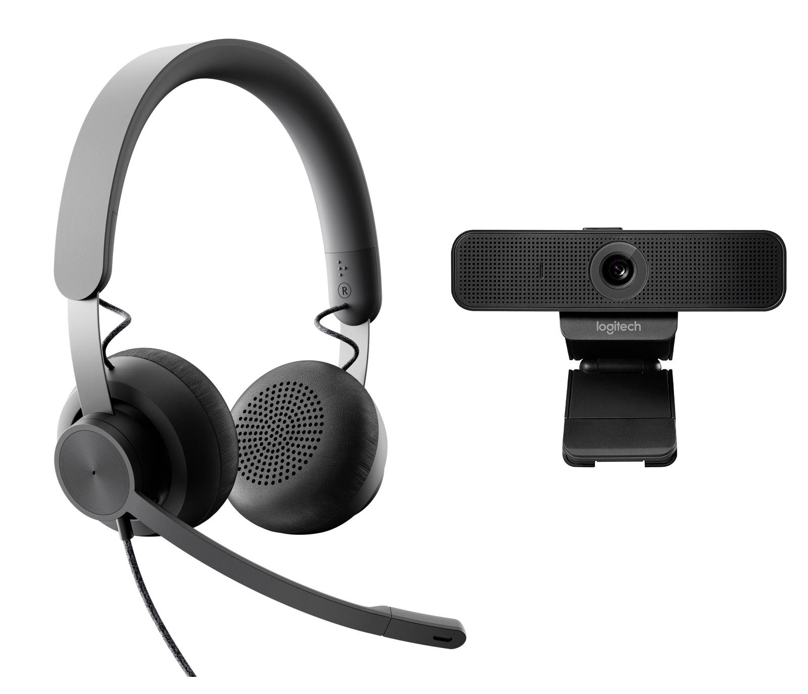 Crne Logitech slušalice s fleksibilnim mikrofonom pored Logitech web-kamere na bijeloj pozadini.