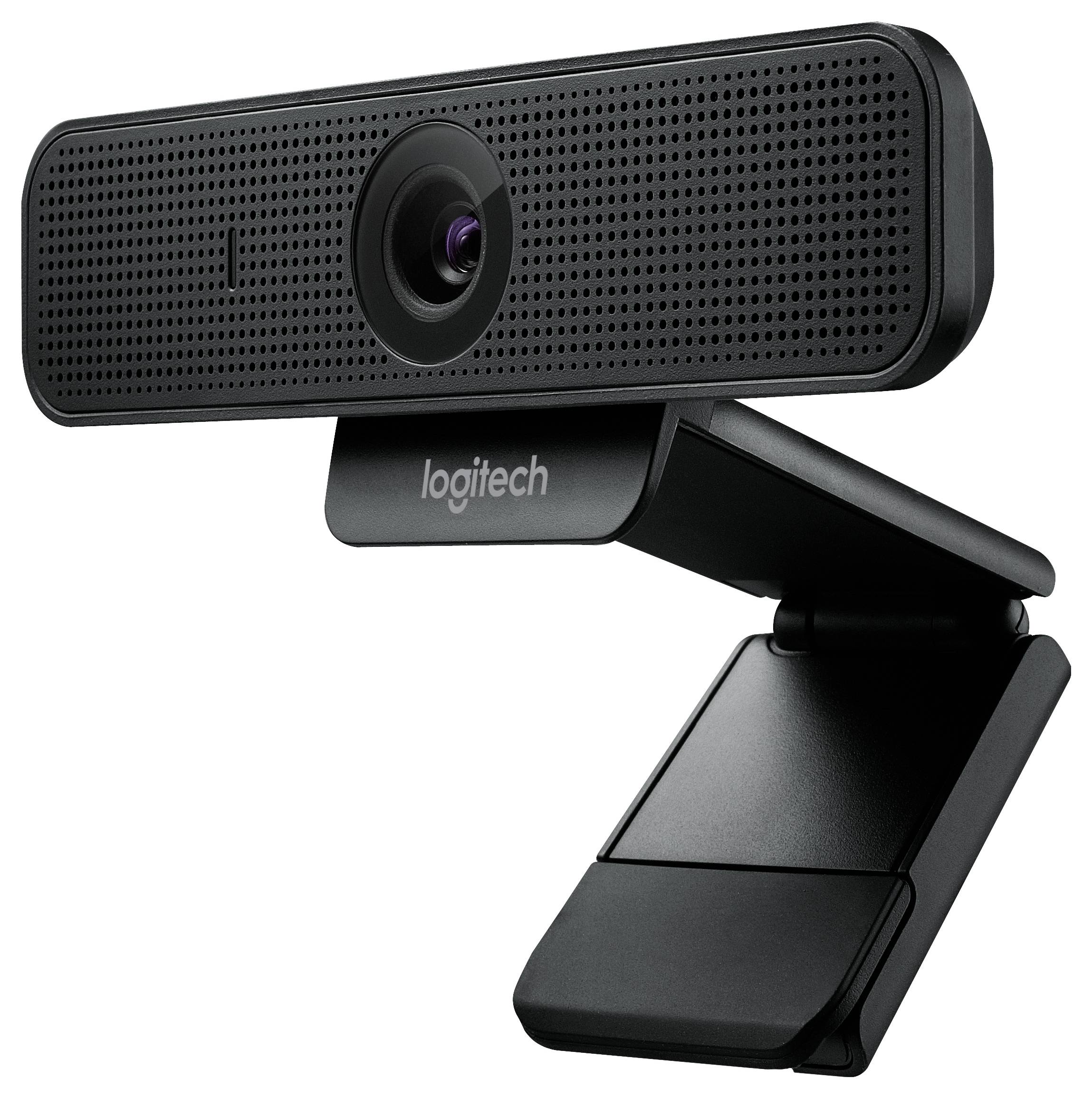 Crna Logitech web kamera s pričvršnom stezaljkom, prikazana u stražnjem pogledu na bijeloj pozadini.
