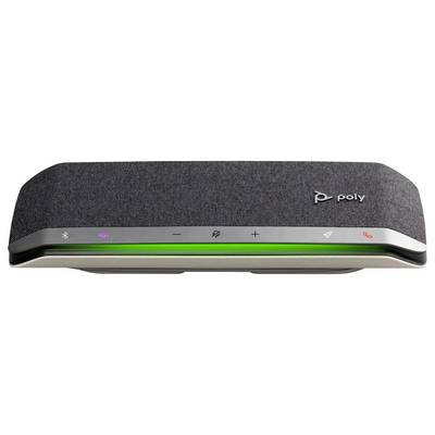 Poly speakerphone sa osvjetljenim tipkama za upravljanje i 'poly' logotipom na bijeloj pozadini
