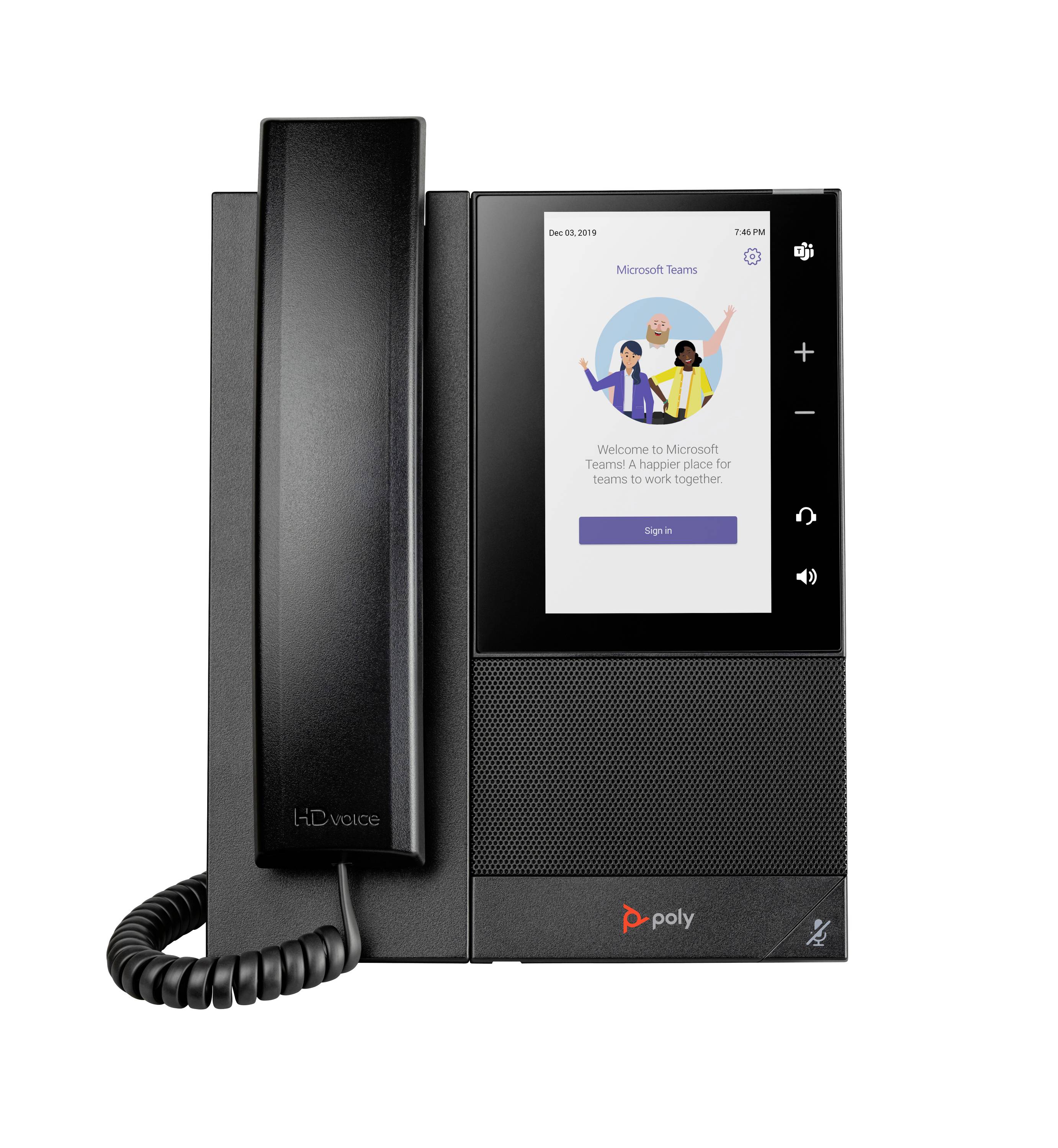 Crni poliestrski stoljni telefon s ruskom i zaslonom koji prikazuje zaslon za prijavu u Microsoft Teams na bijeloj pozadini.