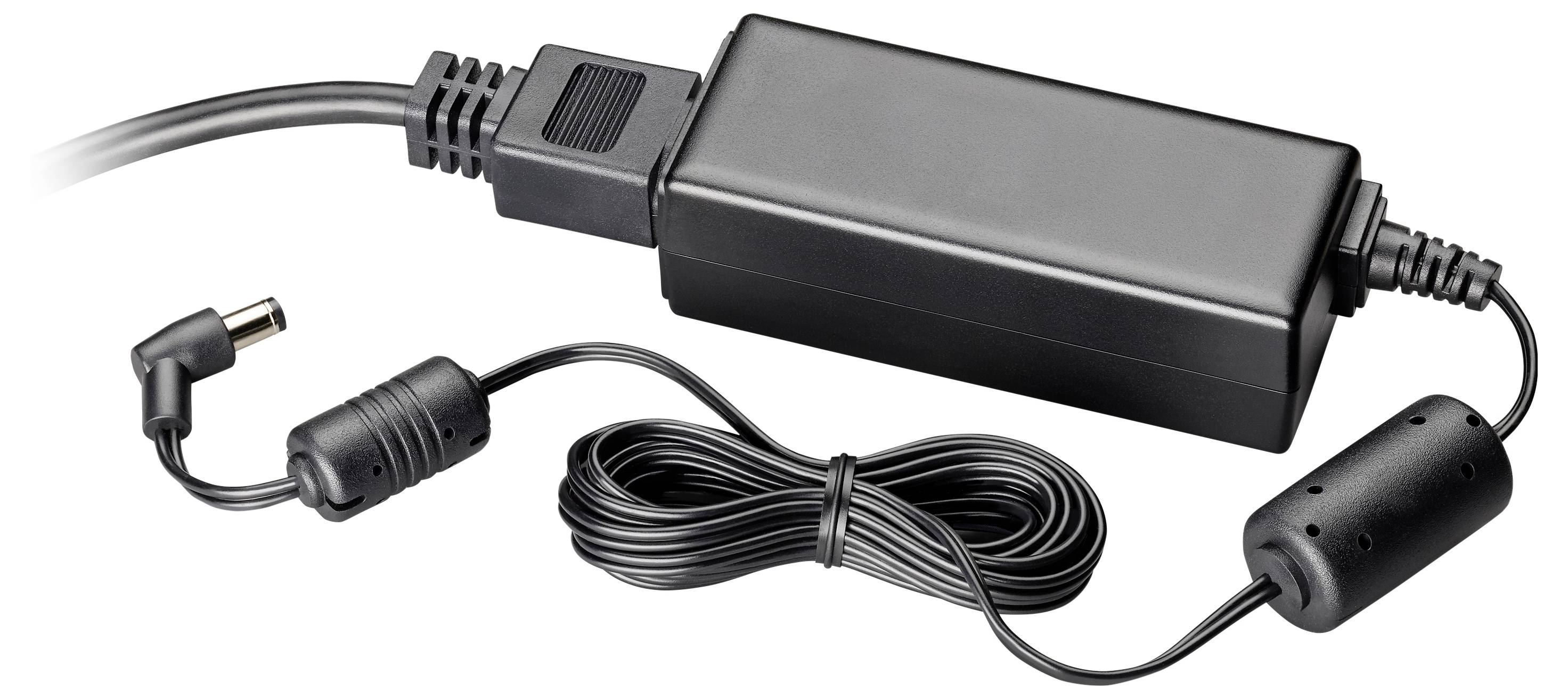 Crni AC adapter s priloženim kablom, kutnim bačvastim utikačem i feritnih jezgara za elektroniku.