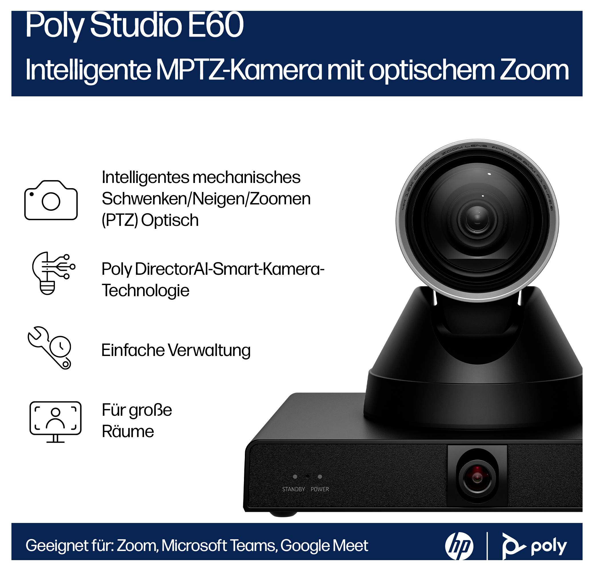 Promotivna grafika za Poly Studio E60 PTZ kameru s optičkim zoomom, koja navodi pametnu AI tehnologiju kamere, jednostavnu upravljanje i prikladnost za velike prostorije.