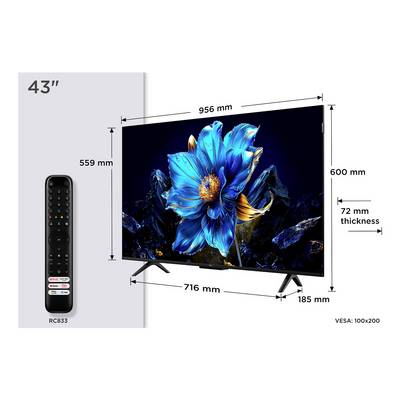 Televizor od 43 inča s dimenzijama 956 mm širine, 600 mm visine i 72 mm debljine. Prikazuje sliku plave cvijeta. Uključuje daljinski upravljač označen s 'RC833'.