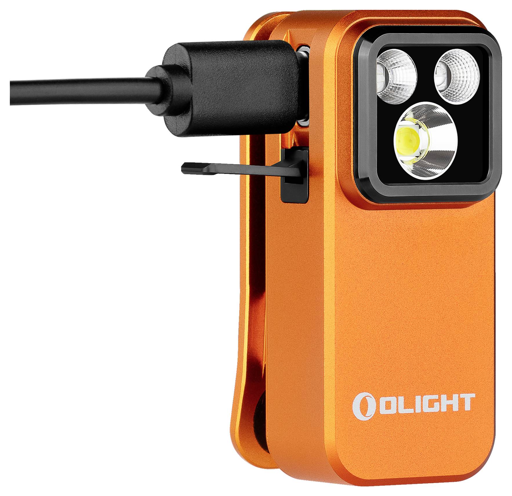 Narančasta Olight svjetiljka s dva LED rasvjetna elementa, magnetskom bazom i priloženim kabelom za punjenje.