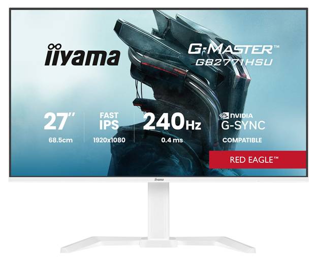 Monitorza računala koja prikazuje promocijski tekst: 'iiyama G-Master GB2770HSU, 27" Brzi IPS, 1920x1080, 240Hz, 0.4ms, NVIDIA G-Sync kompatibilan, Red Eagle.'