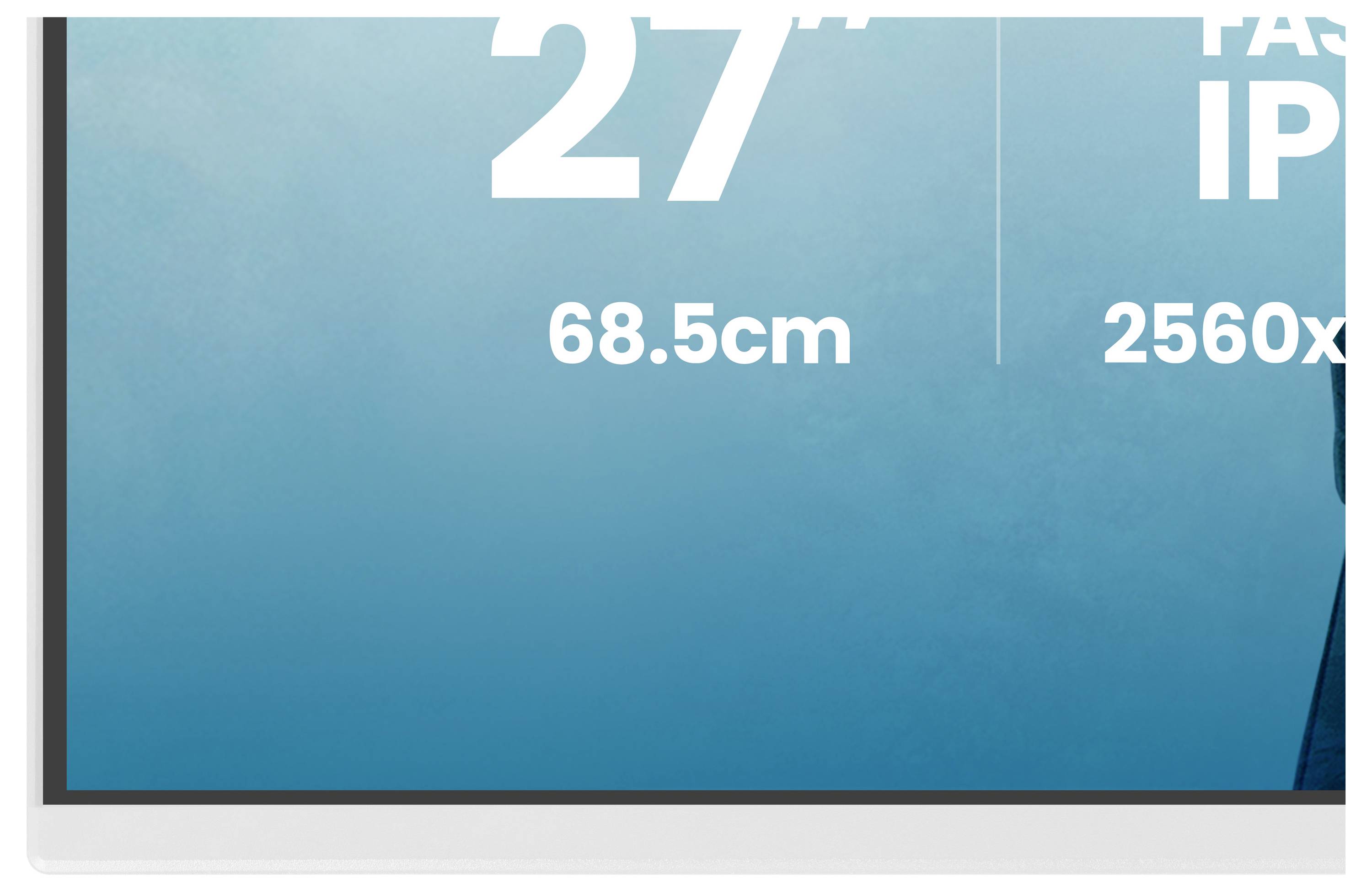 Kut zaslona koji prikazuje tekst: '27"', '68,5cm', i '2560x'. Pozadina je gradijent od svijetlo plave do tamno plave boje.