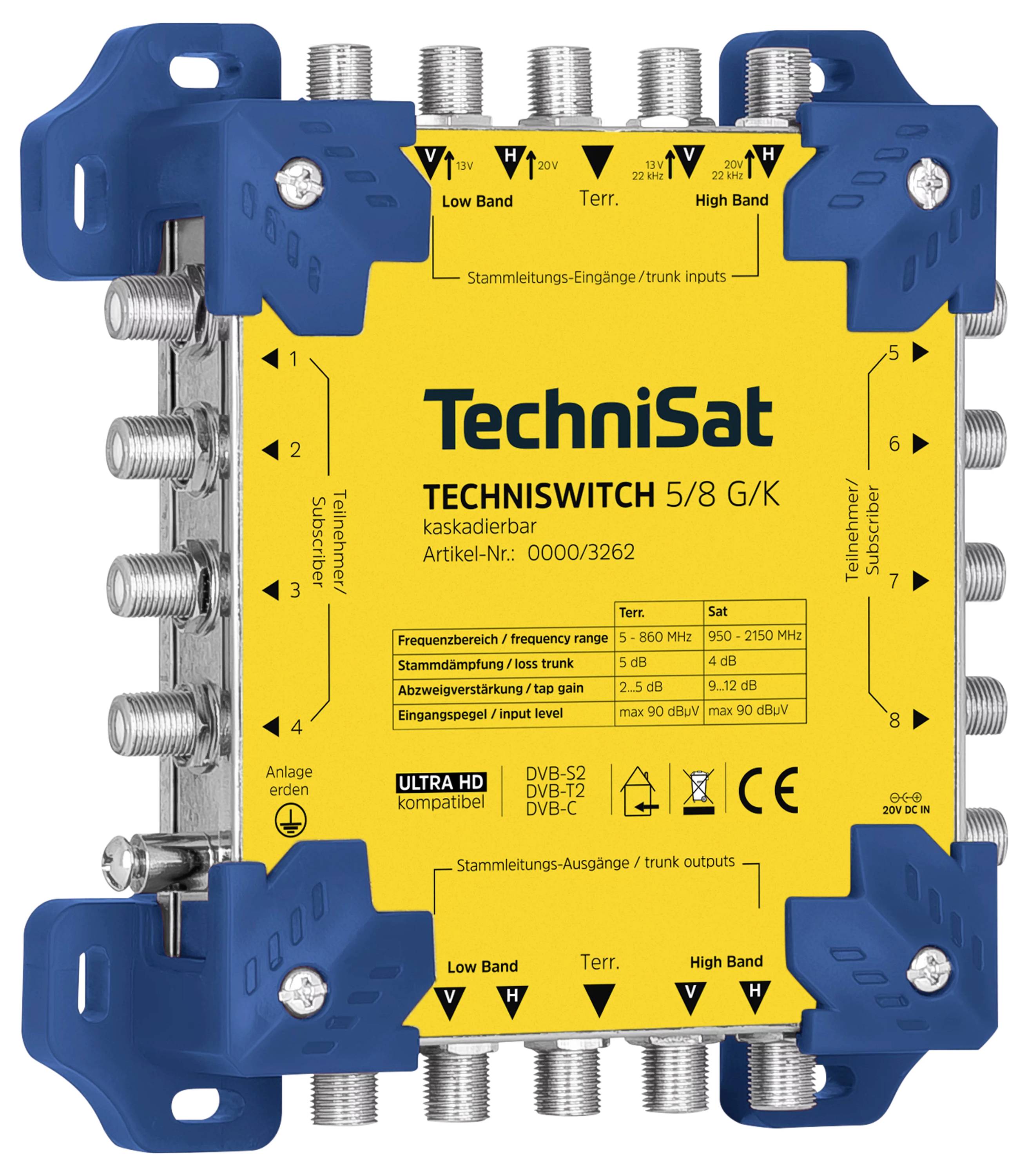 'TechniSat TechniSwitch 5/8 K kaskadni prekidač' sa više ulaznih i izlaznih priključaka, frekvencijski raspon 950-2400 MHz, plavo i žuto kućište.