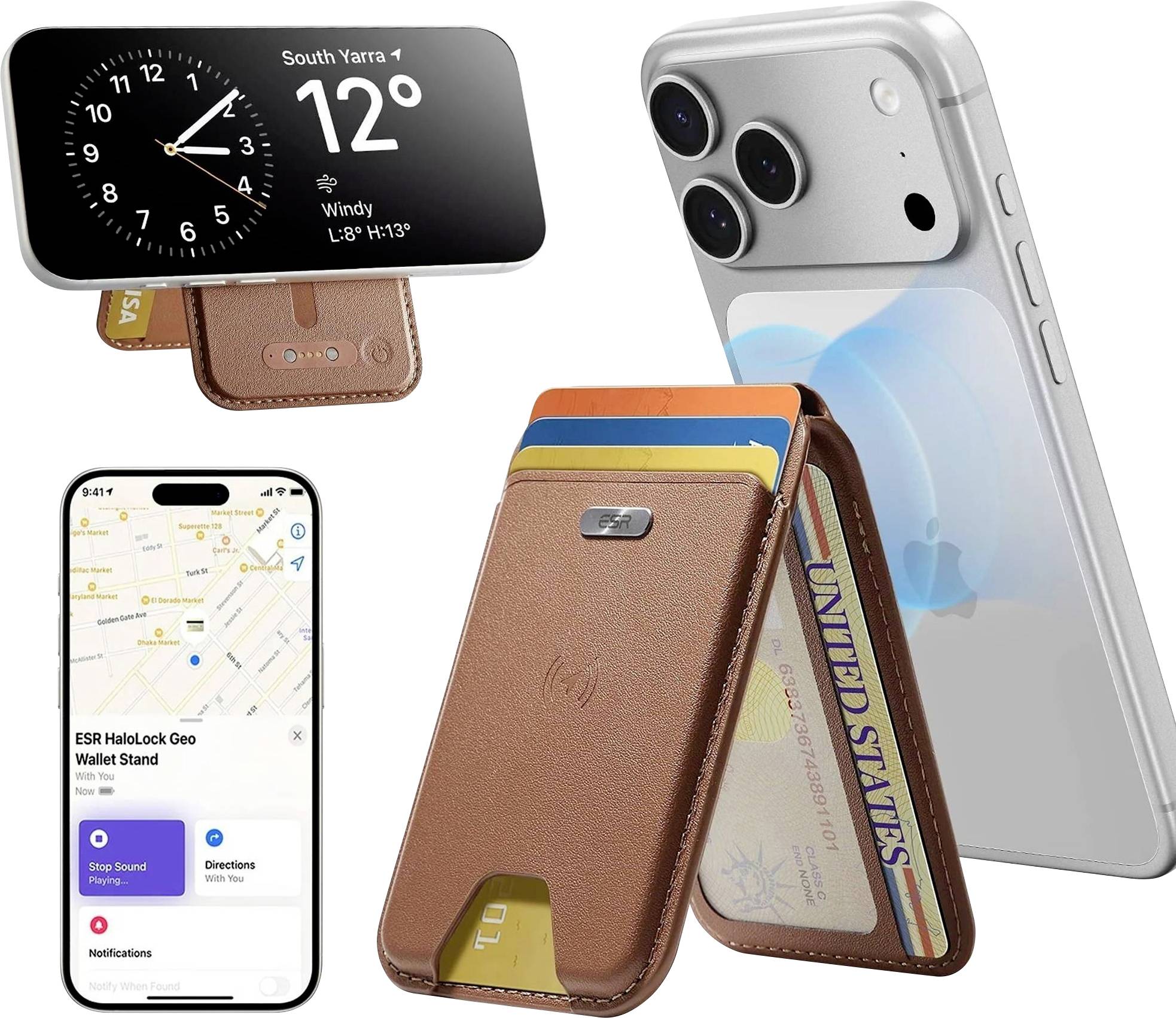 iPhone s kožnom torbom za novčić sa stalkom i držačem za kartice, prikazan u upotrebi za MagSafe punjenje i navigaciju, s istaknutim značajkama prikaza telefona i dodatka s torbicom.