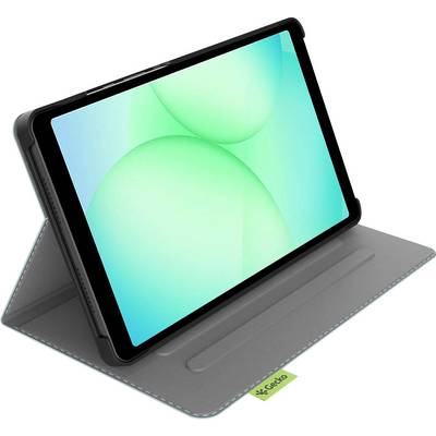 Tablet u sivoj futrolskoj torbici s ugrađenim stalkom, prikazan otvoren i nagnut na bijeloj podlozi.
