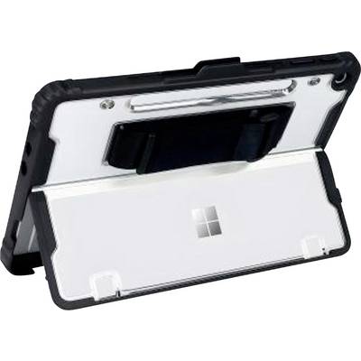 Bijeta Microsoft tableta u crnoj zaštitnoj futroli, prikazana sa stražnje strane s vidljivim postoljem i stražnjom kamerom.