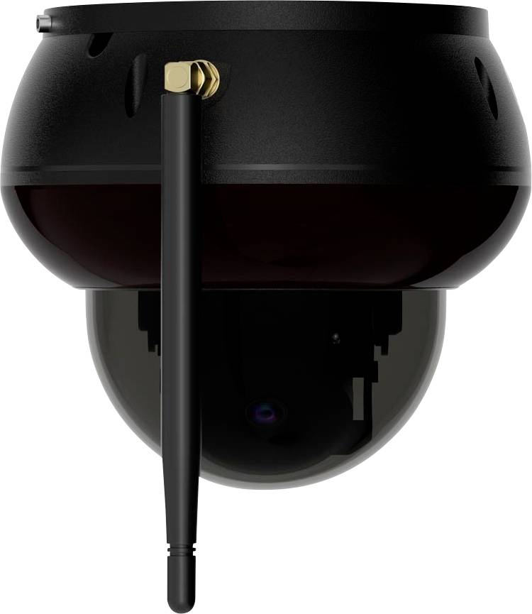 Crna, okrugla sigurnosna kamera s antenom je montirana na površini, usmjerena prema dolje, izgleda elegantno i suvremeno.