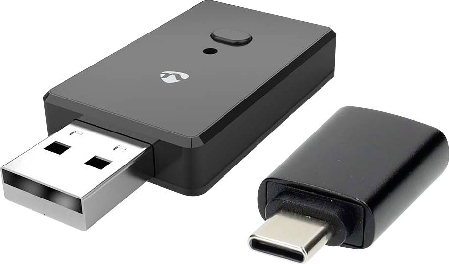 'Bežični adapter sa USB i USB-C priključcima, sa gumbom na površini, postavljen na bijelu pozadinu.'