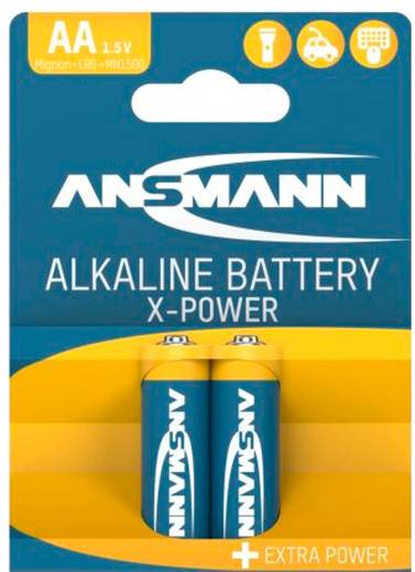 Paket od dvije Ansmann AA 1,5V alkalne baterije označene s 'X-Power' i 'Extra Power' u plavoj i žutoj ambalaži.