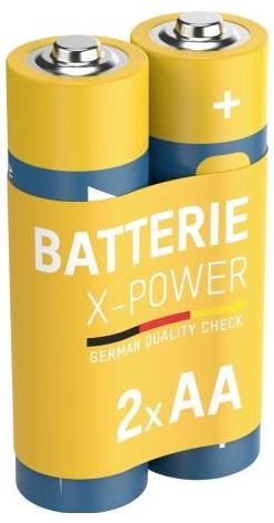 Dvije AA baterije u žutoj i plavoj ambalaži označene sa 'BATTERIE X-POWER' i '2xAA', sa vidljivim plus simbolom na gornjoj bateriji.