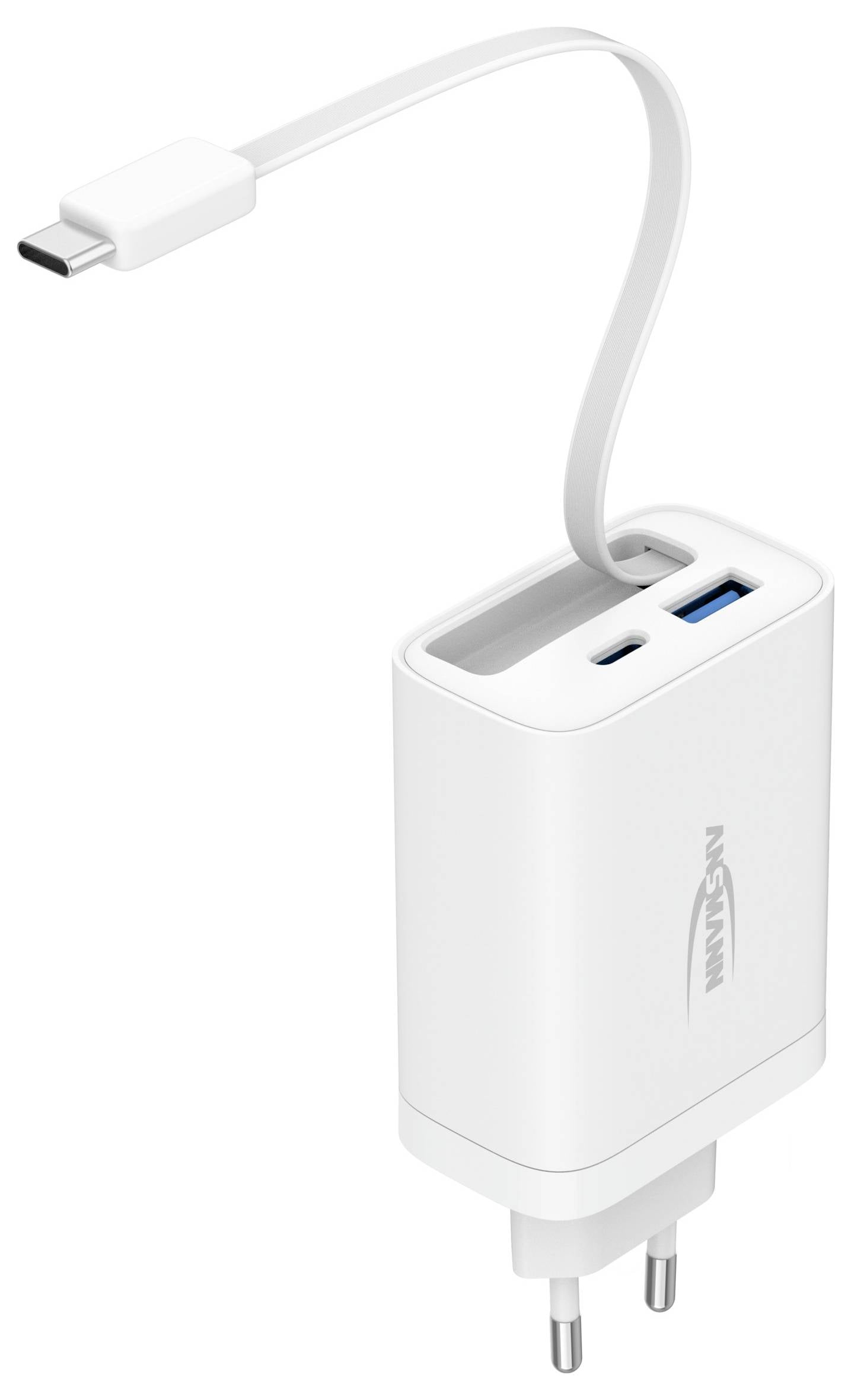 Bijač za zid sa USB-C konektorom sa priključenim kablom, prikazuje jedan USB-C priključak i dva priključka na vrhu, uključujući plavi USB-A priključak.