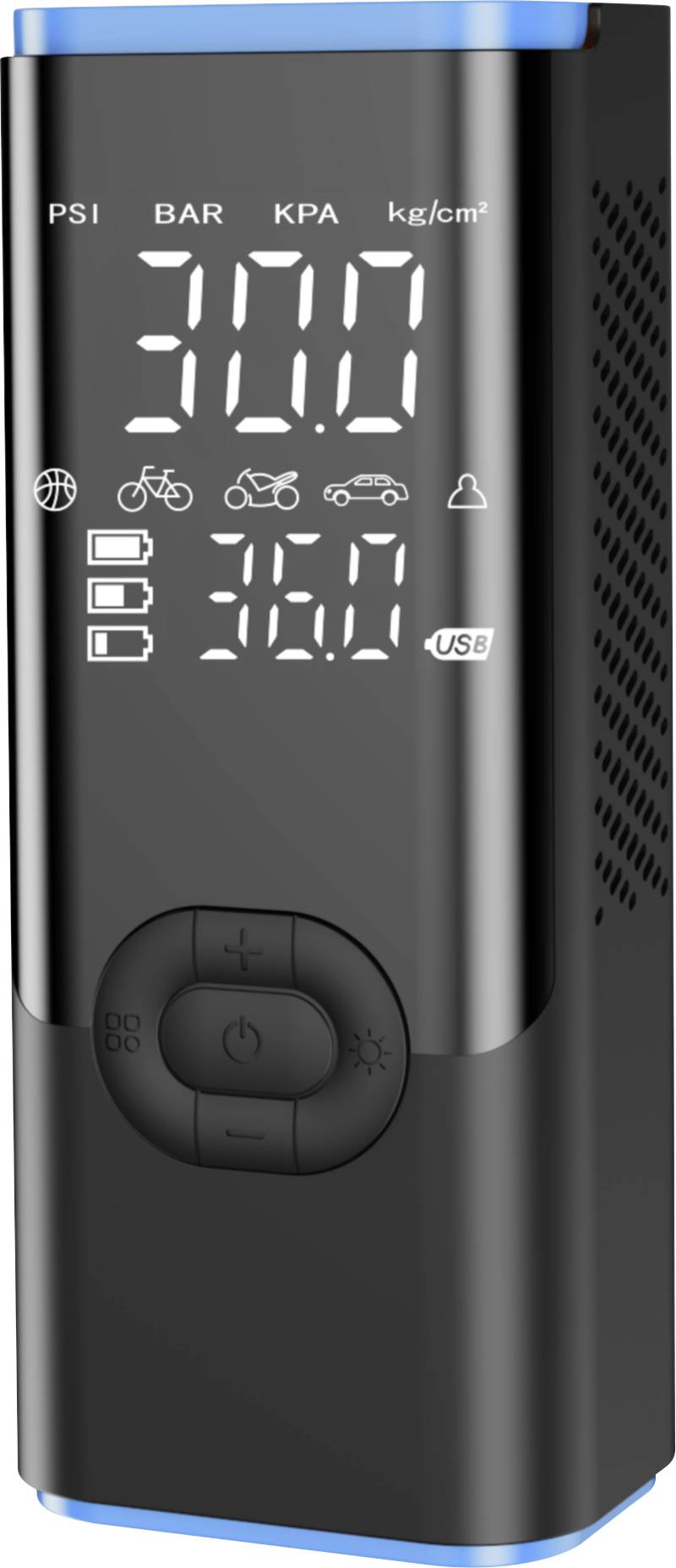 Prijenosni digitalni kompresor zraka koji prikazuje 300 PSI i 36,0 PSI, s ikoneama načina rada za globus, bicikl, loptu, automobil i USB.