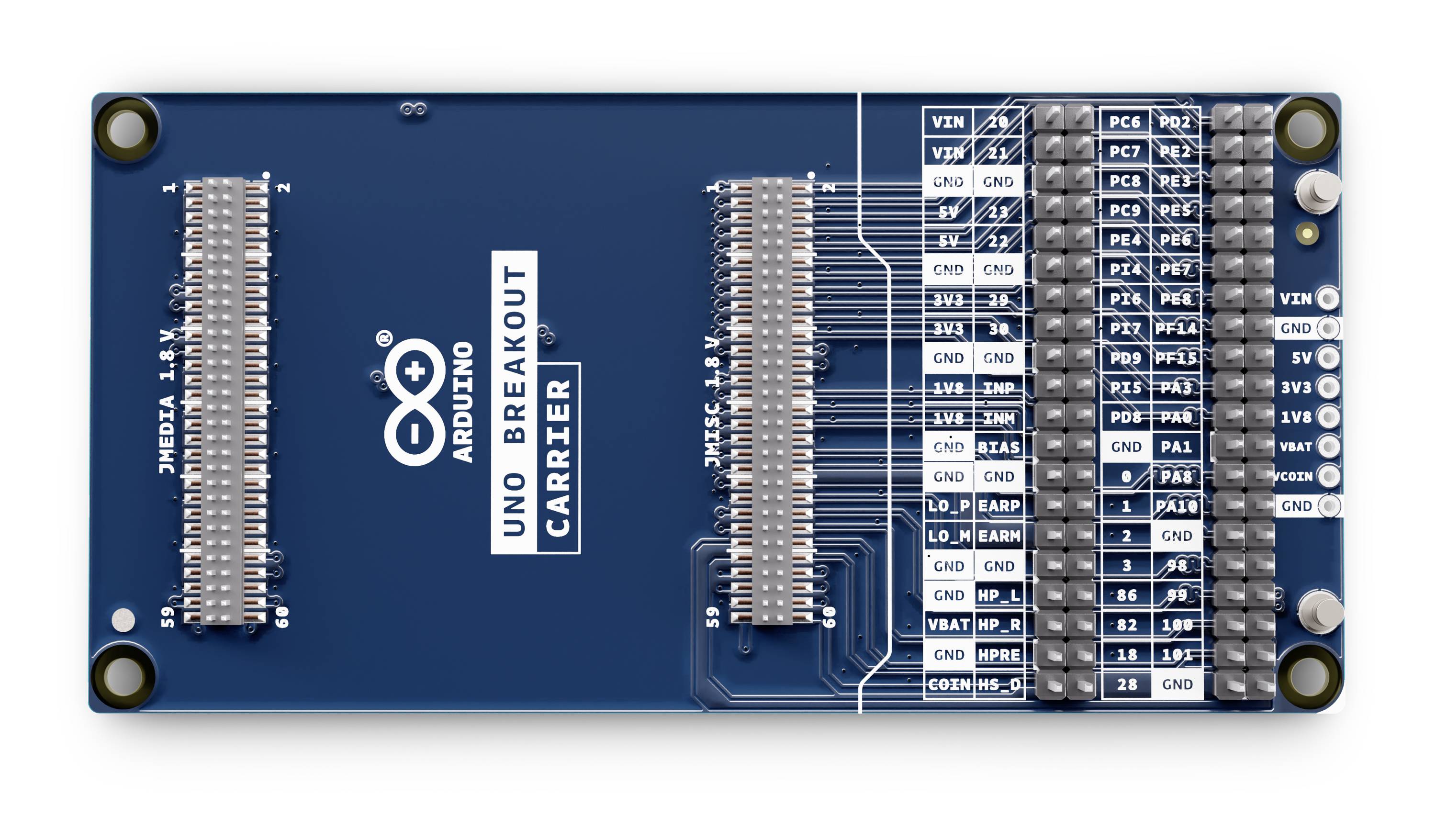 'Plava Arduino Uno Breakout Carrier Board s označenim pinovima za veze i komponente.'