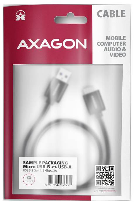 AXAGON pakiranje kabela za micro USB-B na USB-A kabel, prikazujući naziv proizvoda i upotrebu audio/videa za mobilne računalne uređaje.