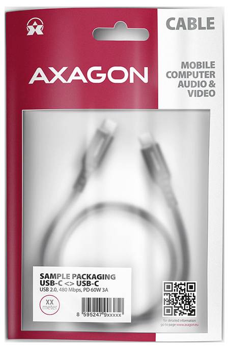 AXAGON kabelska ambalaža za USB-C na USB-C primjerak kabela, s naljepnicom proizvoda, barkod, QR kod, i 'KABEL' na kutiji.