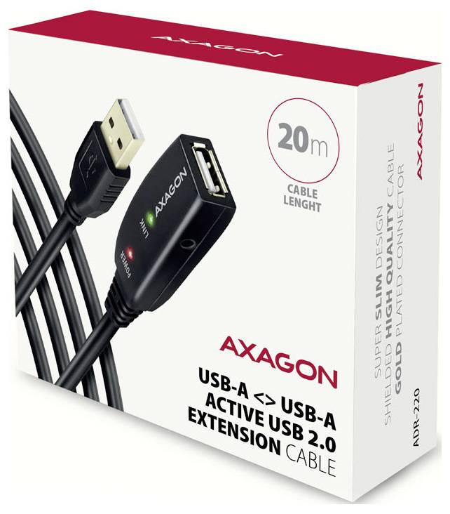Axagon USB-A na USB-A aktivni USB 2.0 kabel za produženje sa kutijom prikazujući duljinu kabela od 20 m i poveznike kabela.