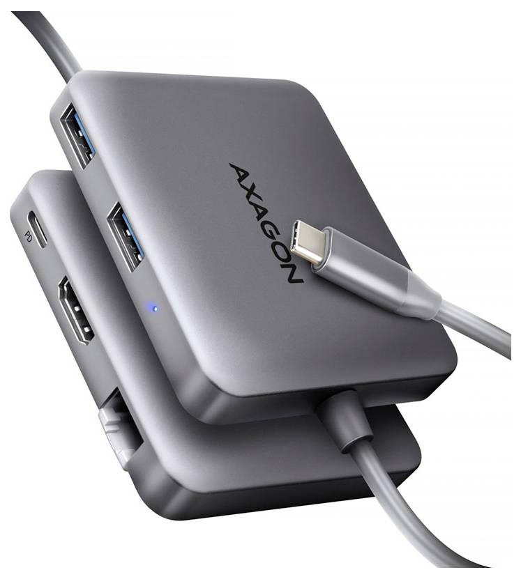 Siva AXAGON USB-C huб s više USB портова i povezanim kabelima na bijeloj pozadini.