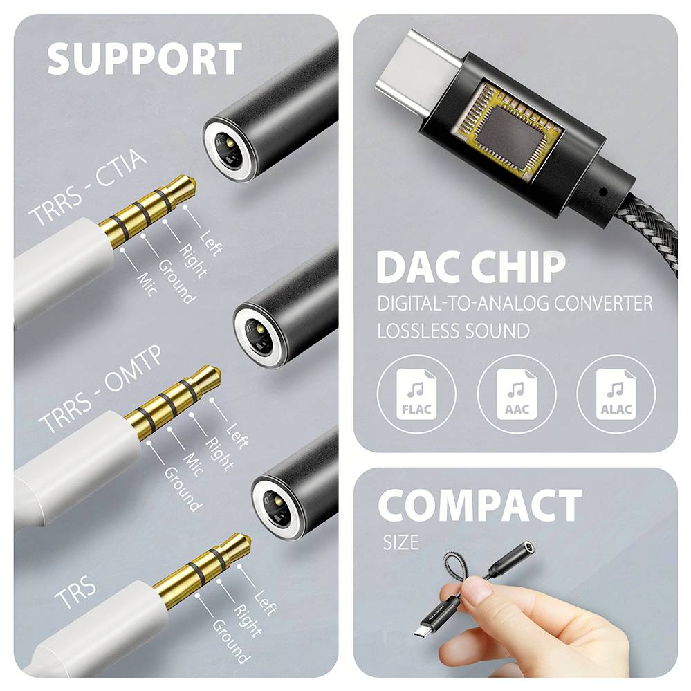 Infografika prikazuje adapter za audio kabel s DAC čipom i kompaktnom veličinom, podržavajući TRRS-CTIA, TRRS-OMTP i TRS priključke te FLAC, AAC i ALAC bezzgubitni zvuk.